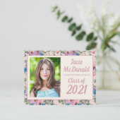 Roze Paarse Floral Afstuderen Foto van 2021 Aankondigingskaart (Staand voorkant)