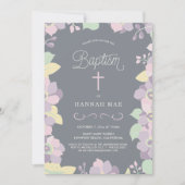 Roze, Paarse Floral Baptisme Invite w/Cross Kaart (Voorkant)