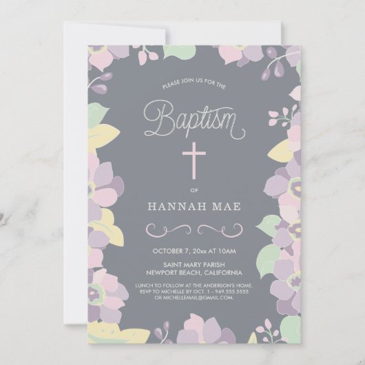  Roze, Paarse Floral Baptisme Invite w/Cross Kaart (Voorkant)