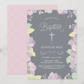  Roze, Paarse Floral Baptisme Invite w/Cross Kaart (Voorkant / Achterkant)