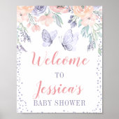 Roze Paarse Floral Butterfly Baby shower Sign Poster (Voorkant)