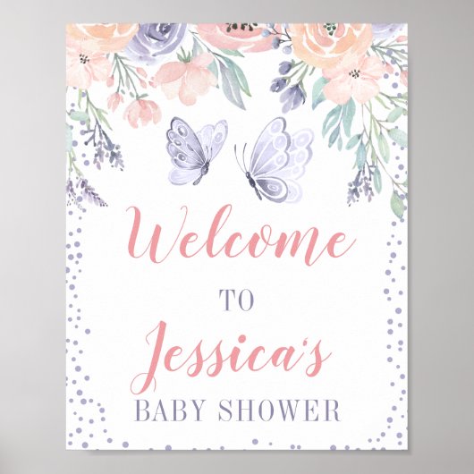 Roze Paarse Floral Butterfly Baby shower Sign Poster (Voorkant)