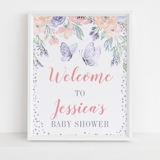 Roze Paarse Floral Butterfly Baby shower Sign Poster