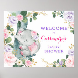 Roze Paarse Floral Elephant Eucalyptus Welkom Poster