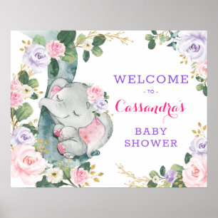 Roze Paarse Floral Elephant Eucalyptus Welkom Poster