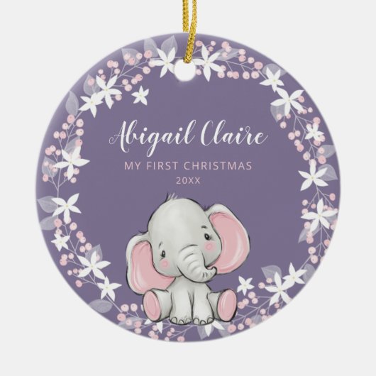 Roze Paarse Floral Elephant Girl 1 kerst Keramisch Ornament (Voorkant)
