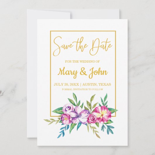 Roze Paarse Floral Gold Lijst bespaart de datum va Save The Date (Voorkant)