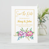 Roze Paarse Floral Gold Lijst bespaart de datum va Save The Date (Staand voorkant)