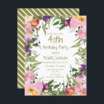 Roze Paarse Floral Green Leaves 40th Birthday Kaart<br><div class="desc">Roze en paarse waterverf florale en sage- en olijfgroene bladeren op uitnodiging van de witte 40e verjaardag van de partij voor vrouwen. Op de achterkant van deze kaart staan olijfgroene en witte strepen. Neem contact met ons op voor hulp bij aanpassingen of om passende producten aan te vragen.</div>