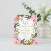 Roze Paarse Floral Green Leaves 40th Birthday Kaart (Staand voorkant)
