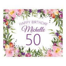 Roze Paarse Floral Green Leaves 50e verjaardag