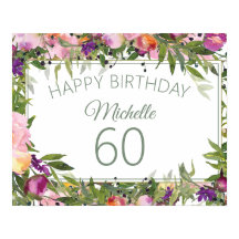 Roze Paarse Floral Green Leaves 60e verjaardag