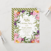 Roze Paarse Floral Green Leaves 90e verjaardag Kaart (Voorkant / Achterkant in situ)