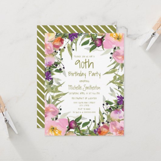 Roze Paarse Floral Green Leaves 90e verjaardag Kaart (Voorkant / Achterkant in situ)