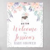 Roze Paarse Floral Lamb Baby shower Welkomstteken Poster (Voorkant)