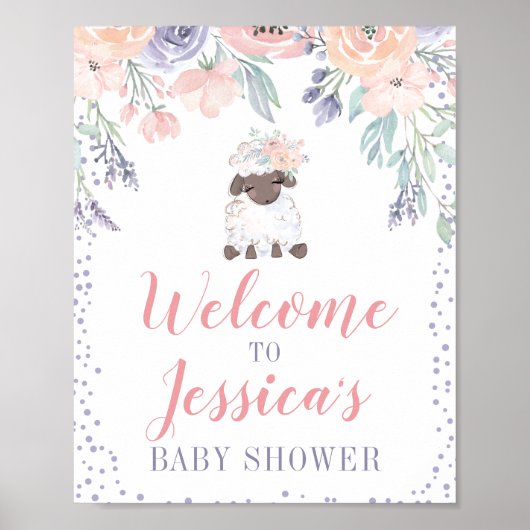 Roze Paarse Floral Lamb Baby shower Welkomstteken Poster (Voorkant)
