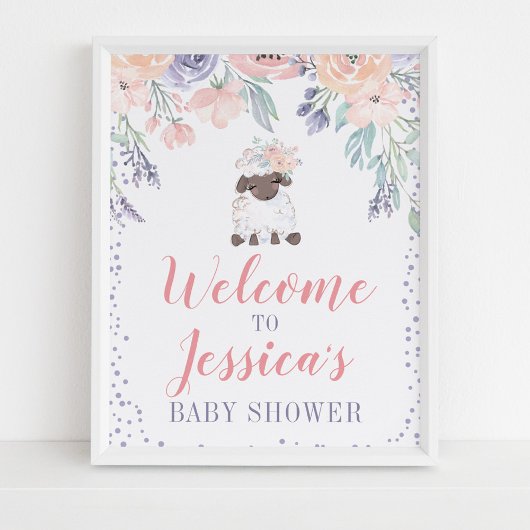 Roze Paarse Floral Lamb Baby shower Welkomstteken Poster