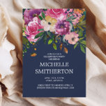 Roze Paarse Floral Navy Blue 70th Birthday Invitat Kaart<br><div class="desc">Elegant floral 70th verjaardagsfeest uitnodiging voor vrouwen met kleurrijke roze, paarse en gele waterverf bloemen en groen op een blauw marineklein. Neem contact met mij op voor hulp bij aanpassingen of voor het aanvragen van matching of het coördineren van Zazzle-producten. En kijk eens naar mijn vele collecties op het verjaardagsfeest...</div>