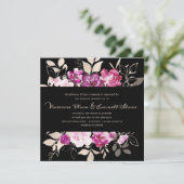 Roze Paarse Floral op zwarte bruiloft Kaart (Staand voorkant)