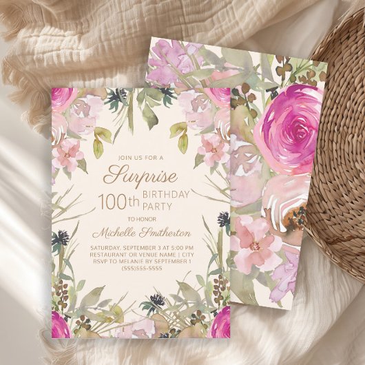 Roze Paarse Floral Surprise 100th Birthday Kaart