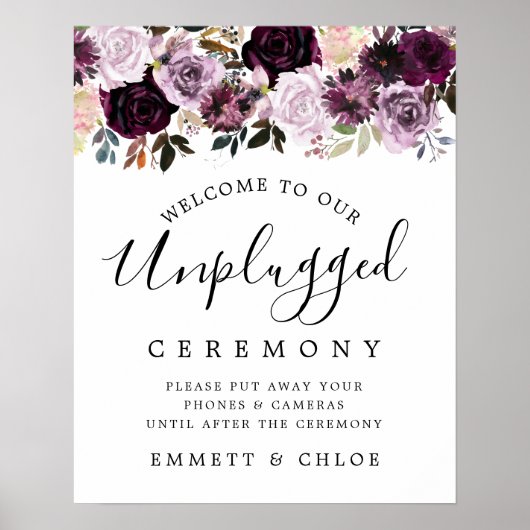 Roze Paarse Floral Unplugged Wedding Ceremony Sign Poster (Voorkant)