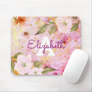 Roze paarse  floral waterverf monogram muismat