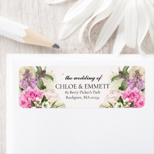 Roze Paarse Floral Weddenschap Terugkeeradres labe Etiket (Insitu)