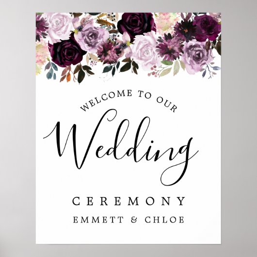 Roze Paarse Floral Wedding Ceremony Welkomstteken Poster (Voorkant)