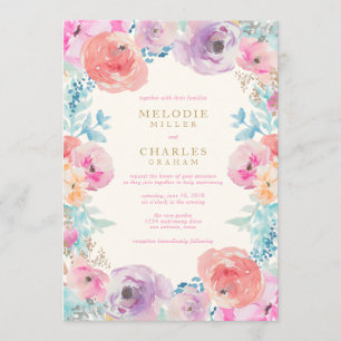 Roze Paarse  Floral Wedding Uitnodiging