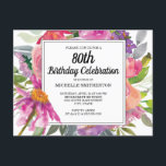 Roze Paarse Floral Women's 80th Birthday Uitnodiging Briefkaart<br><div class="desc">Vier een leven vol liefde, gelach en herinneringen met deze levendige 80e verjaardagsuitnodiging. Dit ontwerp is versierd met waterverven in de rijke tinten roze en paarse, en is zowel feestelijk als elegant - ideaal om een speciale vrouw te eren op haar mijlpaaldag. Personaliseer de naam en de details van het...</div>