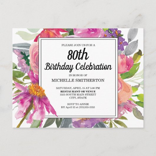 Roze Paarse Floral Women's 80th Birthday Uitnodiging Briefkaart (Voorkant)