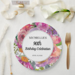 Roze Paarse Floral Women's 90th Birthday Papieren Bordje<br><div class="desc">Mooie roze en paarse waterverf wildflower vrouwen 90ste verjaardagsfeestje borden gepersonaliseerd met de naam van de eregast,  haar leeftijd en haar feestdatum. Tekst is volledig aanpasbaar,  dus deze kaart kan voor elke leeftijd worden ontworpen. Neem contact met ons op voor hulp bij maatwerk of bijpassende producten.</div>