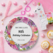 Roze Paarse Floral Women's 90th Birthday Papieren Bordje (Feest)