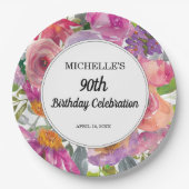 Roze Paarse Floral Women's 90th Birthday Papieren Bordje (Voorkant)