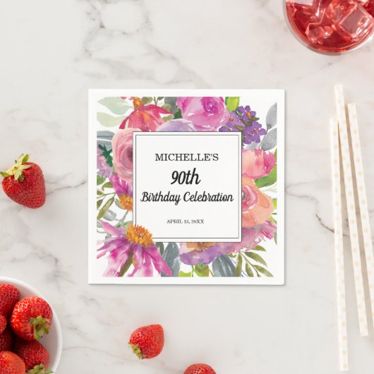 Roze Paarse Floral Women's 90th Birthday Servet (Insitu)
