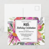 Roze Paarse Floral Women's 90th Birthday Uitnodiging Briefkaart (Voorkant / Achterkant)