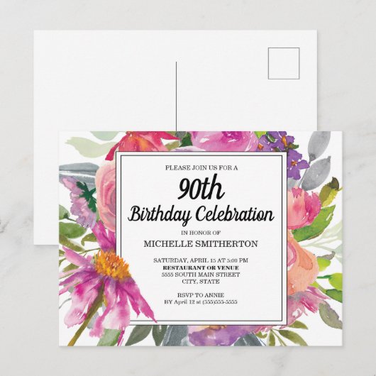 Roze Paarse Floral Women's 90th Birthday Uitnodiging Briefkaart (Voorkant / Achterkant)