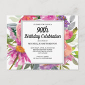 Roze Paarse Floral Women's 90th Birthday Uitnodiging Briefkaart (Voorkant)