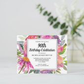 Roze Paarse Floral Women's 90th Birthday Uitnodiging Briefkaart (Staand voorkant)