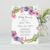 Roze Paarse Floral Wreator Baby shower Invitation Kaart (Staand voorkant)
