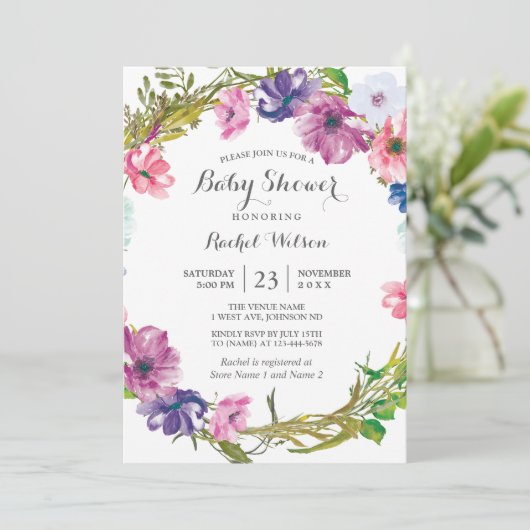 Roze Paarse Floral Wreator Baby shower Invitation Kaart (Staand voorkant)