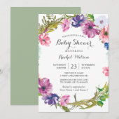 Roze Paarse Floral Wreator Baby shower Invitation Kaart (Voorkant / Achterkant)