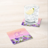 Roze paarse florale naam monogram script kartonnen onderzetters (Insitu)