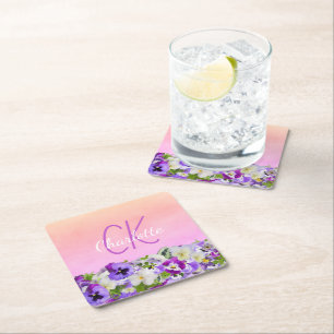 Roze paarse florale naam monogram script kartonnen onderzetters