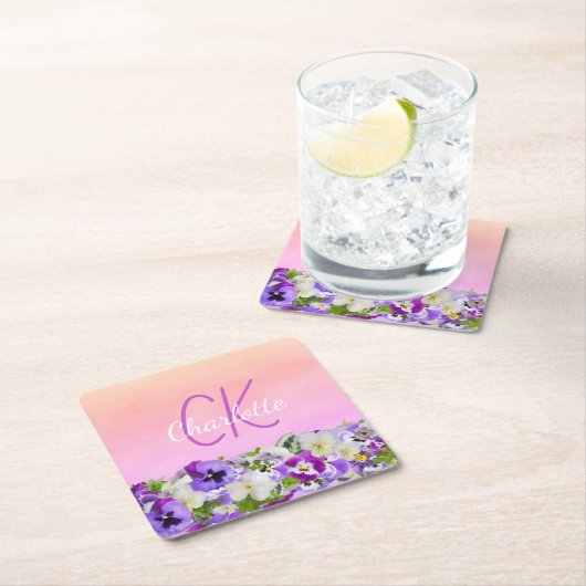 Roze paarse florale naam monogram script kartonnen onderzetters (Insitu)