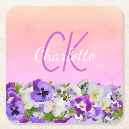 Roze paarse florale naam monogram script kartonnen onderzetters (Voorkant)