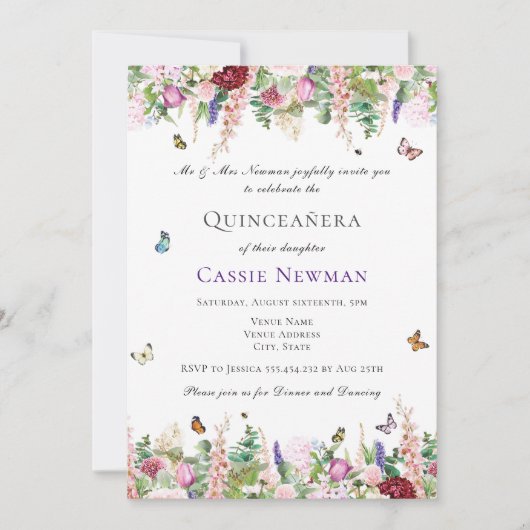 Roze Paarse Florals en Butterflies Quinceañera Kaart (Voorkant)