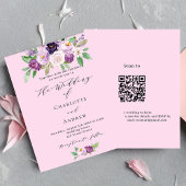 Roze paarse florals QR budget bruiloft uitnodiging