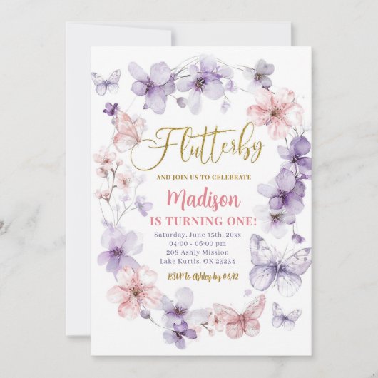 Roze Paarse Flutterby Bloemenvlinder Verjaardag Kaart (Voorkant)