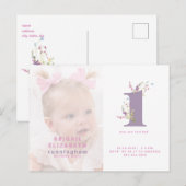 Roze & Paarse Foto 1st Birthday Party Invitation Briefkaart (Voorkant / Achterkant)